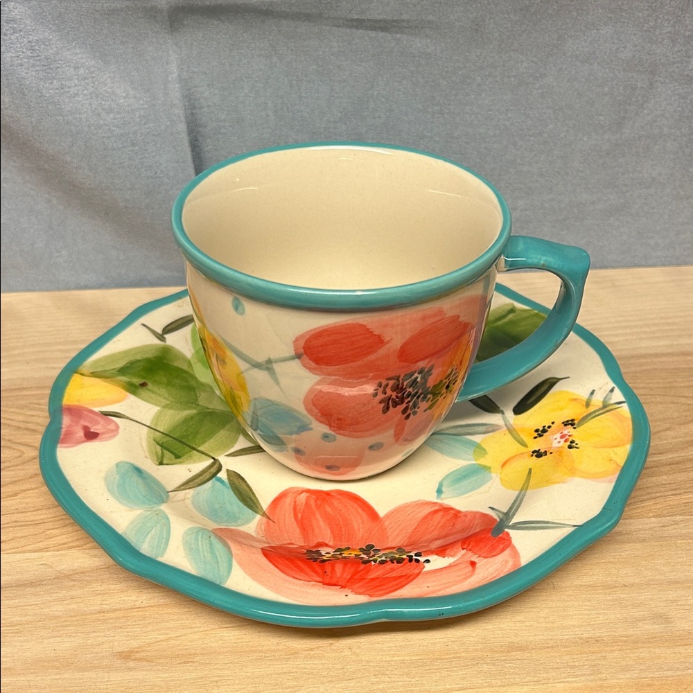Pioneer Woman VINTAGE BLOOM Turquoise Floral Salad Plates 8.5" and coffee mug